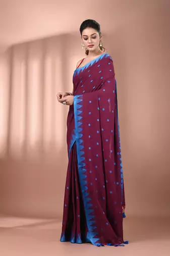 Magenta cotton handspun soft saree with tample borders