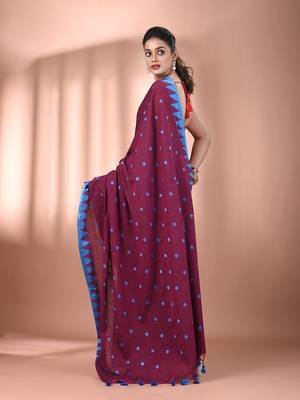 Magenta cotton handspun soft saree with tample borders 3