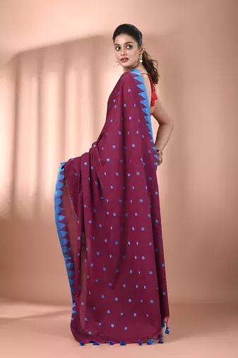 Magenta cotton handspun soft saree with tample borders