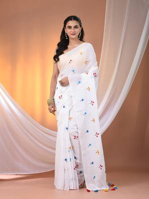 All over thread embroidery white cotton handspun saree 1