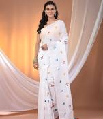 All over thread embroidery white cotton handspun saree