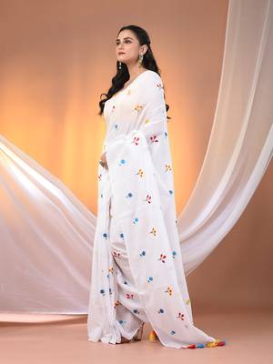 All over thread embroidery white cotton handspun saree 2
