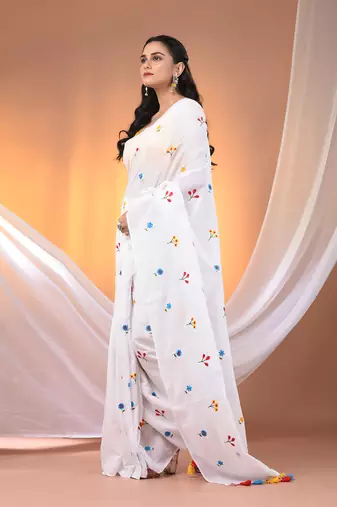All over thread embroidery white cotton handspun saree