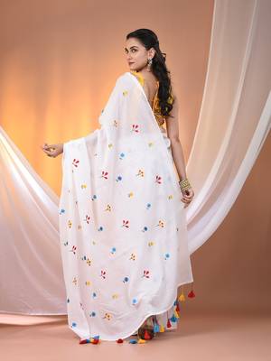 All over thread embroidery white cotton handspun saree 3