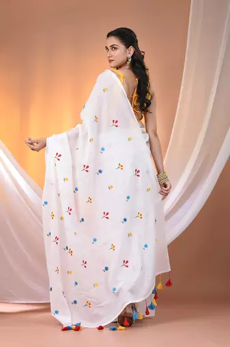 All over thread embroidery white cotton handspun saree