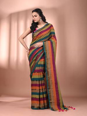 Multicolor cotton handspun colorblocked soft saree 1