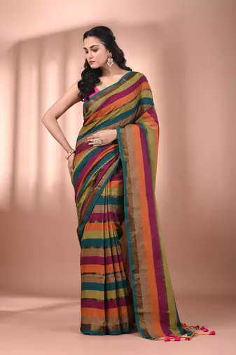 Multicolor cotton handspun colorblocked soft saree