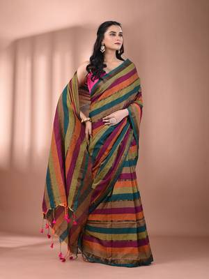 Multicolor cotton handspun colorblocked soft saree 2