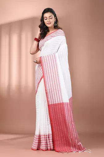 White cotton handspun soft saree with texture borders