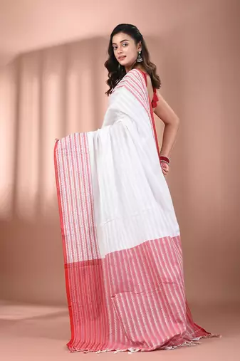 White cotton handspun soft saree with texture borders