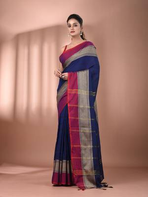 Navy blue cotton handspun soft saree with texture borders 1