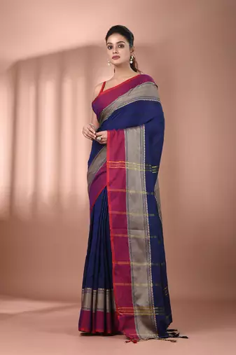 Navy blue cotton handspun soft saree with texture borders