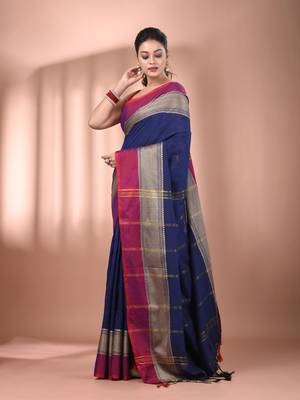 Navy blue cotton handspun soft saree with texture borders 2