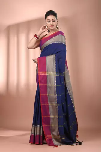Navy blue cotton handspun soft saree with texture borders