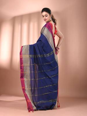 Navy blue cotton handspun soft saree with texture borders 3
