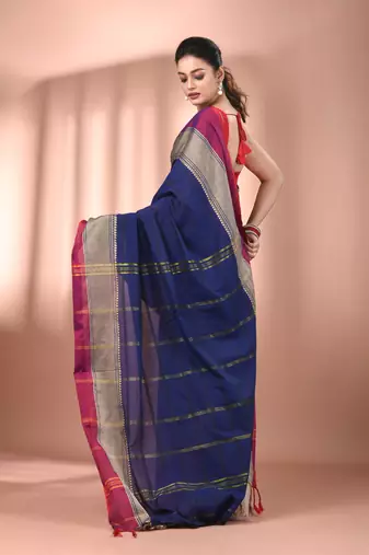 Navy blue cotton handspun soft saree with texture borders