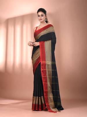 Black cotton handspun soft saree with texture borders 1