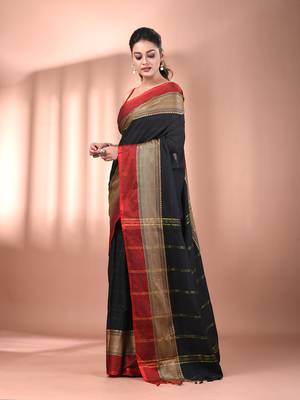 Black cotton handspun soft saree with texture borders 2
