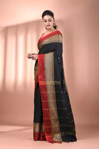 Black cotton handspun soft saree with texture borders