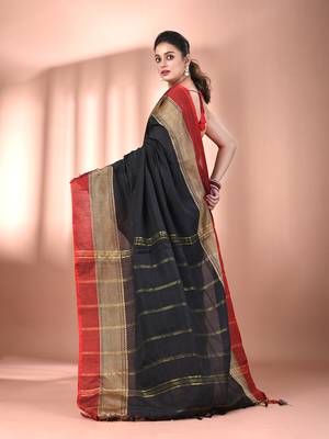 Black cotton handspun soft saree with texture borders 3