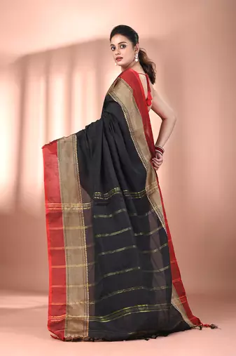 Black cotton handspun soft saree with texture borders