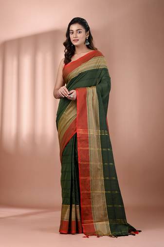 Green cotton handspun soft saree with texture borders