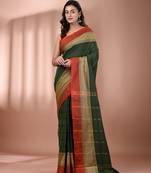 Green cotton handspun soft saree with texture borders