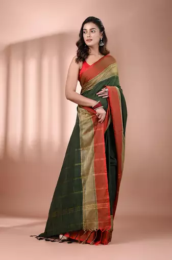 Green cotton handspun soft saree with texture borders
