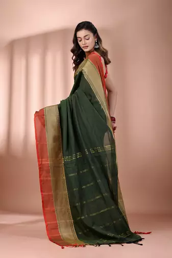 Green cotton handspun soft saree with texture borders