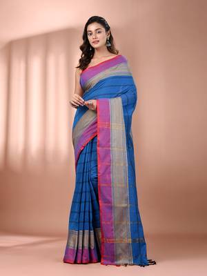 Cobalt blue cotton handspun soft saree with texture borders 1