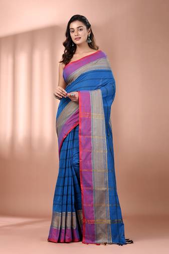 Cobalt blue cotton handspun soft saree with texture borders