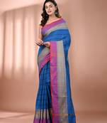 Cobalt blue cotton handspun soft saree with texture borders