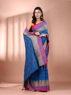 Cobalt blue cotton handspun soft saree with texture borders 2