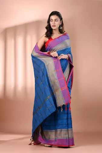 Cobalt blue cotton handspun soft saree with texture borders