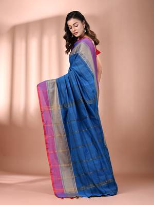 Cobalt blue cotton handspun soft saree with texture borders 3