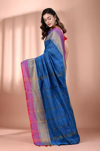 Cobalt blue cotton handspun soft saree with texture borders