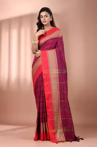 Magenta cotton handspun soft saree with texture borders