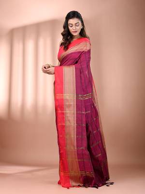 Magenta cotton handspun soft saree with texture borders 2