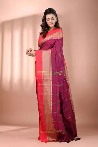 Magenta cotton handspun soft saree with texture borders