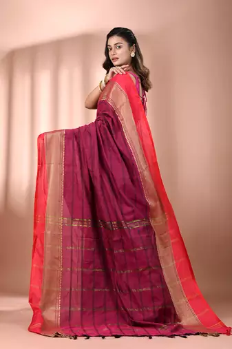Magenta cotton handspun soft saree with texture borders