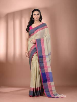 Ecru cotton handspun soft saree with texture borders 1