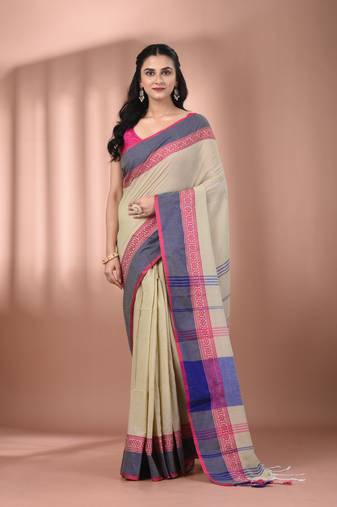 Ecru cotton handspun soft saree with texture borders