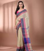 Ecru cotton handspun soft saree with texture borders