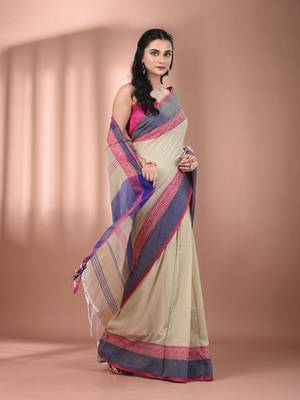 Ecru cotton handspun soft saree with texture borders 2