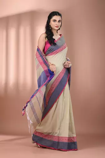 Ecru cotton handspun soft saree with texture borders