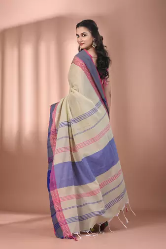 Ecru cotton handspun soft saree with texture borders
