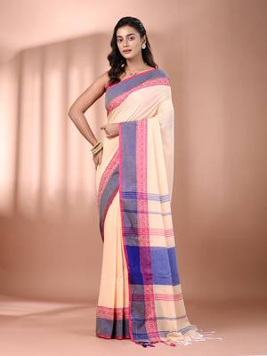 Beige cotton handspun soft saree with texture borders 1