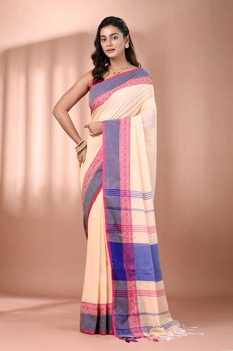 Beige cotton handspun soft saree with texture borders