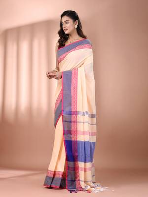 Beige cotton handspun soft saree with texture borders 2