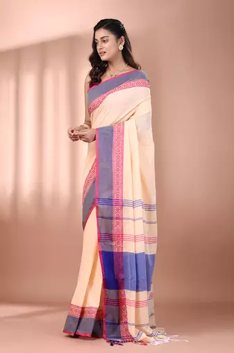 Beige cotton handspun soft saree with texture borders